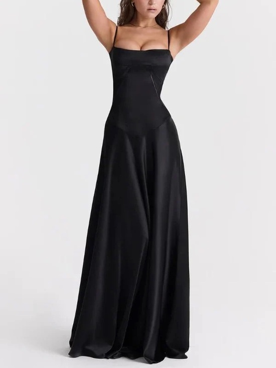 kouvrfashion Dresses & Skirts - Sleek Black Satin Spaghetti-Strap Evening Gown